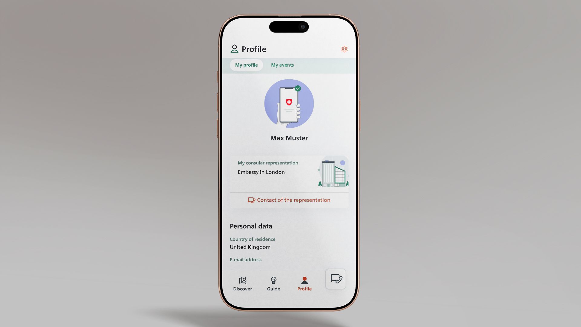 The image shows a smartphone displaying the user profile in the SwissInTouch app.