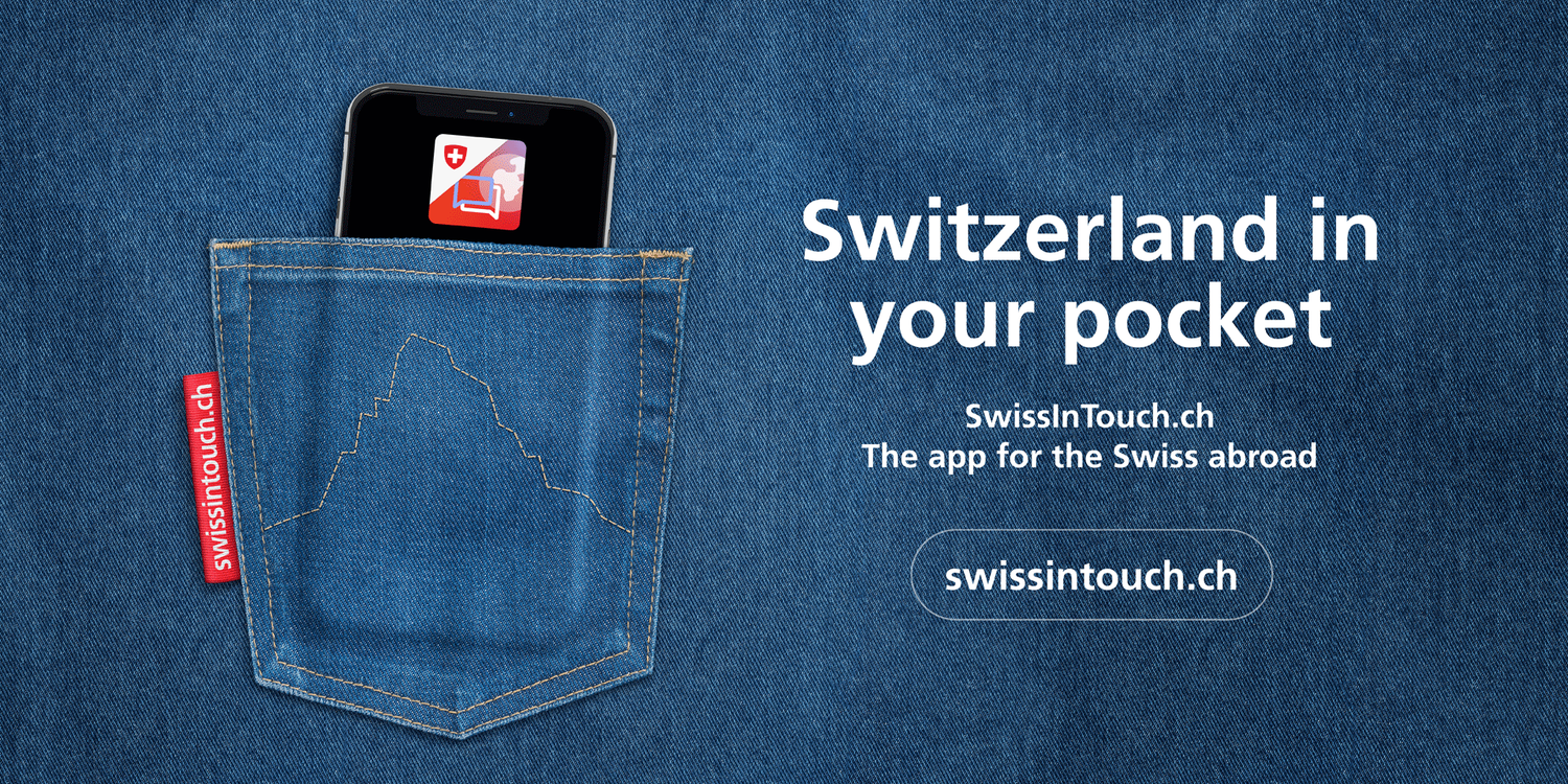 A mobile phone in a trouser pocket with a stitched outline of the Matterhorn announces the launch of the SwissInTouch app.